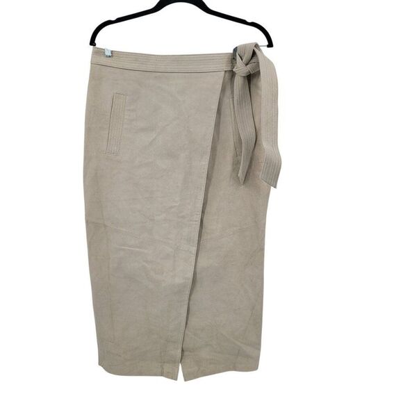 ASOS Suede Leather Tie Wrap Midi Skirt US 10 UK 14 EU42 Ecru Pockets City Chic - Picture 1 of 12